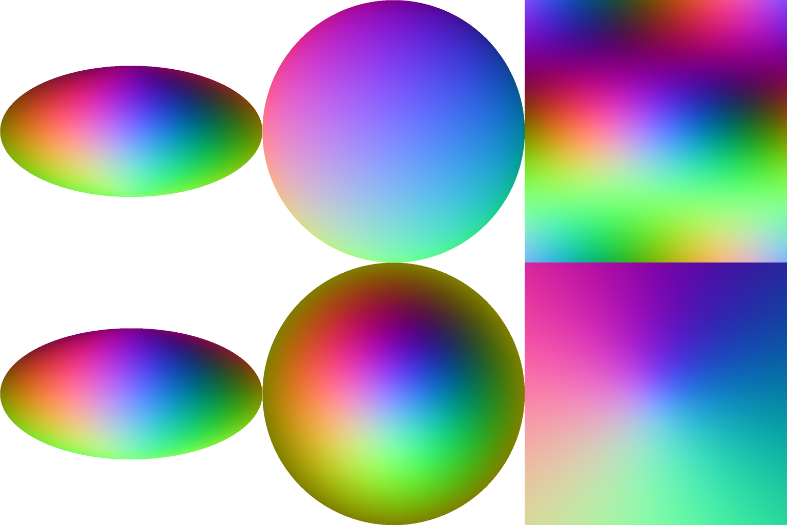 Precomputed textures for 6 different projections. In the first row from left to right: Aitoff, Orthographic, Mercator. On the second row: Mollweide, Azimuthal and Gnomonic